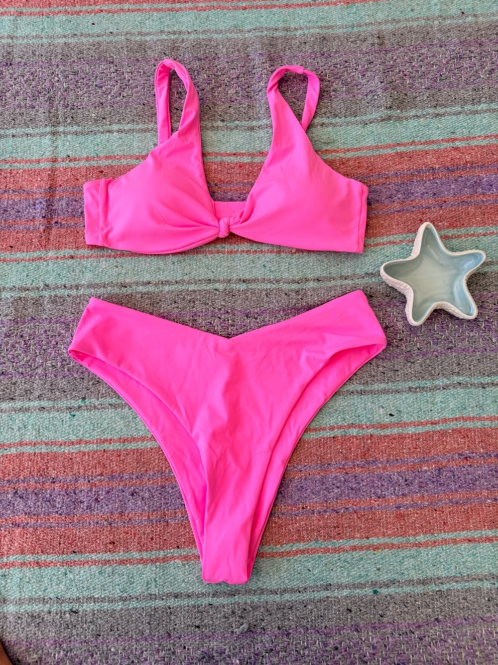 Hot Pink Bikini Set XL High Cut V Cheeky Knot Front Swim